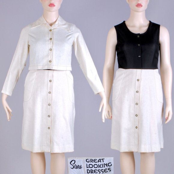 L Vintage 70s SEARS Linen White Black Contrast Simple Pocket Dress w Top Set 60s - Picture 1 of 12